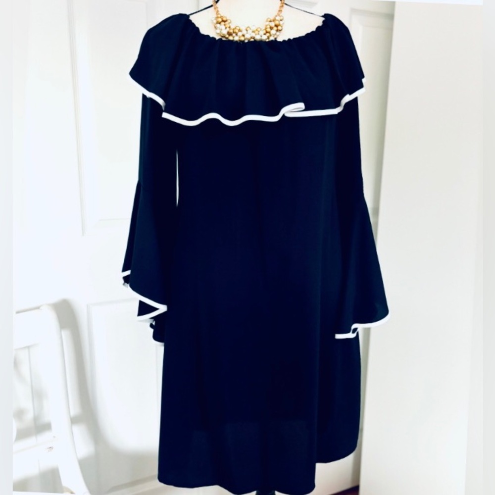 Off-Shoulder Dress / On-Shoulders Navy Blue, White Trim Romantic Classy Elegant - Picture 1 of 9
